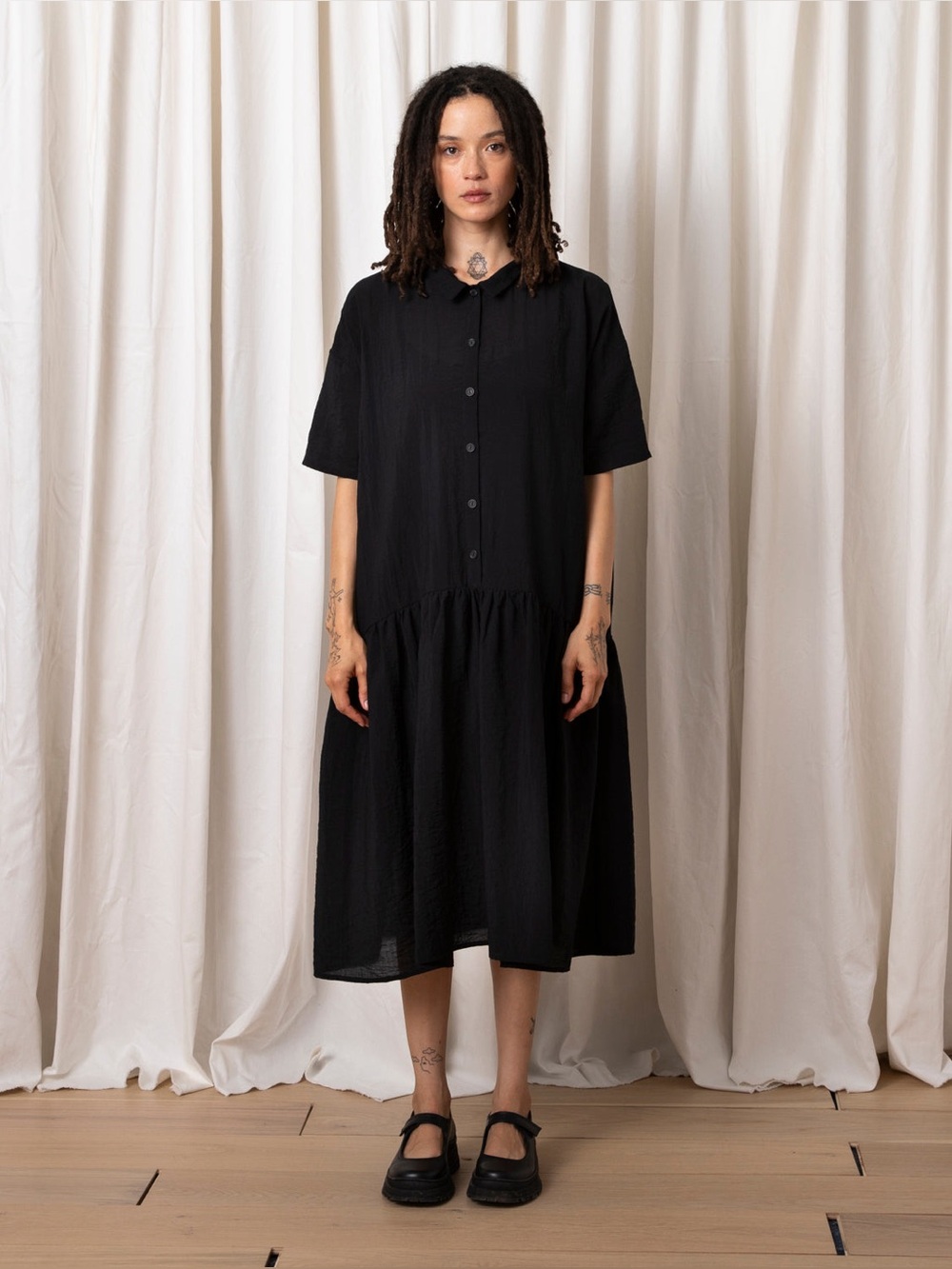 Ali Golden- Viscose Collared Dress - Black - XS/S
